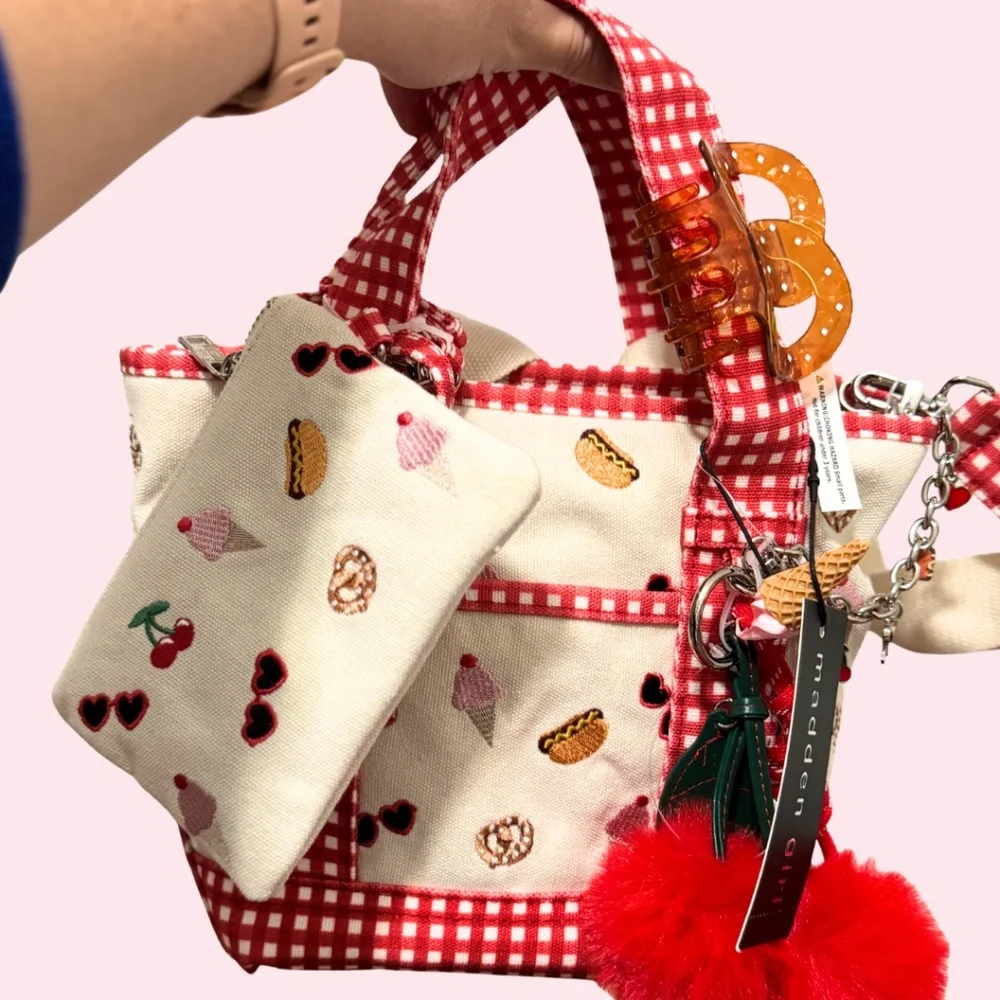 Summer Fair Madden Girl Mini Tote NWT Canvas Summer Red Gingham Cross Body Bag - Picture 11 of 12
